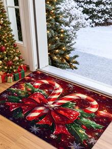 Christmas Design Welcome Doormat, Holiday Candy Cane, Bow And Gift Pattern, Machine Washable Polyester Material, Non-Slip Backing, Suitable For Bathroom, Living Room, Bedroom, Kitchen, Office Decoration, Holiday Doormat | Holiday Welcome Doormat | Polyester Doormat - A - View 8