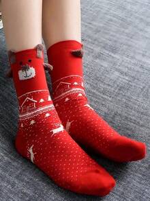 6 Pairs Women's Christmas Santa, Snowman, Reindeer Red Mid-Calf Socks, Suitable For Christmas Outfit - Multicolor - View 6
