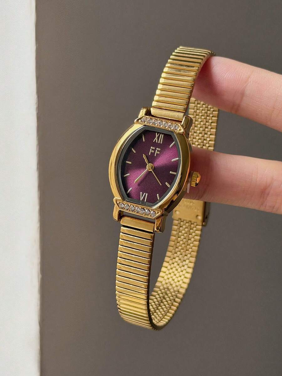 1pc Women's Gold-Tone Quartz Watch With Deep Red Dial And Adjustable Strap – Stylish Mixed-Marker Design, Suitable For Everyday Wear - Gold - View 1