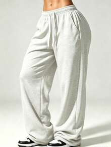 Women's Casual Knitted Wide Leg Sweatpants, Long Loose Straight Leg Elastic Waist Drawstring Pockets, Soft Daily Home Pants, Sweatpants, Spring/Autumn - Light Grey - View 2
