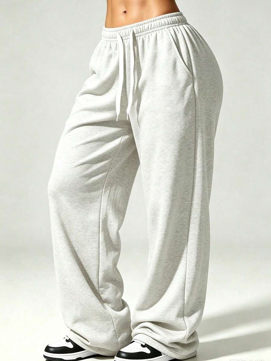 Women's Casual Knitted Wide Leg Sweatpants, Long Loose Straight Leg Elastic Waist Drawstring Pockets, Soft Daily Home Pants, Sweatpants, Spring/Autumn