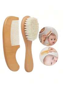 Soft Brush Set And Small Wooden Comb For Baby Hair Cleaning, Bathroom Cleaning Tools, Suitable For All Hair Types, Portable Dry Hair Care Set - Multicolor - View 2