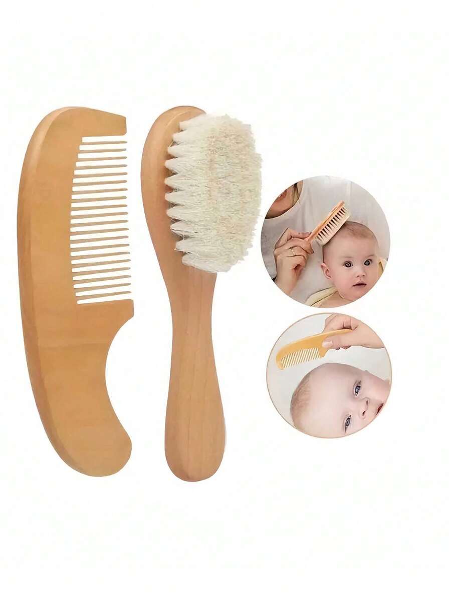 Soft Brush Set And Small Wooden Comb For Baby Hair Cleaning, Bathroom Cleaning Tools, Suitable For All Hair Types, Portable Dry Hair Care Set