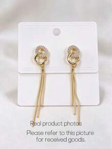 1 par Pendientes largos atractivo con diamante de imitación & borla de cadena adorno para mujeres para fiesta - Dorado - Ver 6