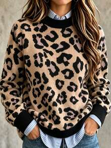 Women's Casual Fashion Leopard Print Contrast Color Loose Pullover Sweater, Long Sleeve Round Neck Loose Fit, Suitable For Daily Commute And Leisure - Multicolor - View 2