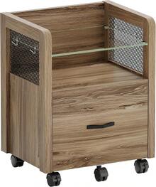 Archivadoróvil bajo escritorio con cajón amplio, mueble organizador de 20 pulgadas para oficina en casa, cuenta con estante de vidrio templado y 4 ganchos para guardar accesorios y documentos - Café integral - Ver 3