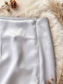 Rok Midi Satin Model A-Line dengan Pinggang Tinggi dan Belahan Samping, Penutup Resleting, Rok Pesta Elegan untuk Tamu Pernikahan Musim Semi/Panas, Kain Tidak Melar - Grey - View 2