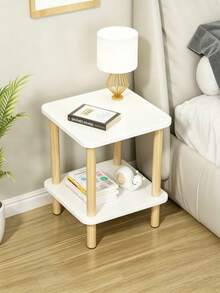 2 Tier Square Side Table, White Top Wooden Leg Small Coffee Table, Bedside & Sofa Side Storage Corner Table For Bedroom Living Room - Multicolor - View 4