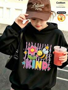 2026 Autumn/Winter Custom Loose Black Sweatshirt, Girls' Style, Cute Cartoon Design With Flowers, Little Bees And Colorful KIND Lettering - Black - View 11