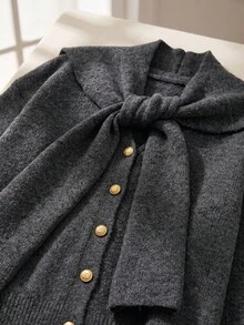 JIANHU Women's Loose Knit Cardigan With Detachable Scarf - Gold Button Cardigan, Casual & Warm For Christmas Holiday And Office Wear - Grey - View 8