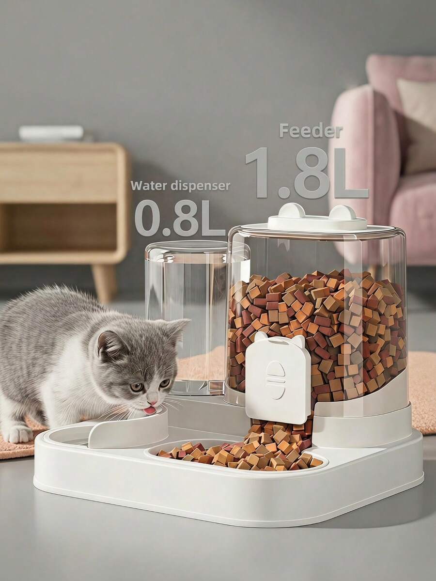 PETSIN Integrated Automatic Cat Food Feeder & Water Dispenser Set, Transparent, Easy Clean, Battery-Free, Large Capacity - Large Capacity - View 1