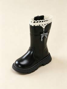 Autumn/Winter Girls' Boots With Side Zipper, Black Tall Boots, Princess Style, Thermal Lined, Suitable For Daily Wear - Black - View 4