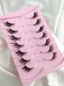 7 Pairs Half-Strip False Eyelashes, Black Band/Clear Band Cat Eye Style, Extended Tail, Natural Curl, Suitable For Daily Wear For Girls - Black - View 8