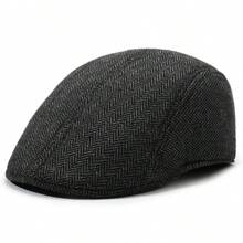 Men's Classic Newsboy Cap, Casual Vintage Beret, Herringbone Tweed Wool Hat - A - View 9