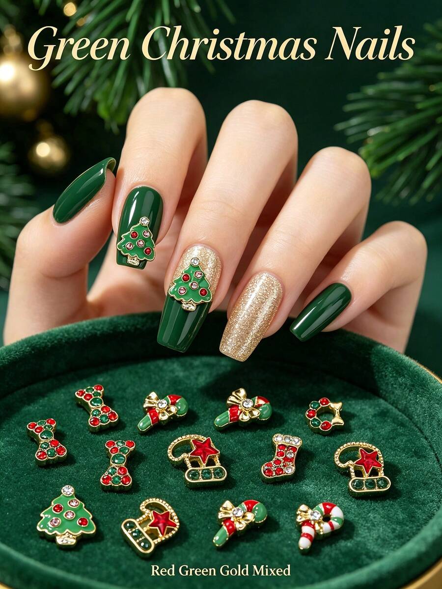 30pcs/Box Assorted Christmas Alloy Nail Art Decorations, 3D Christmas Tree, Christmas Stocking, Christmas Wreath Colorful Nail Gems, Red & Green Enamel 3D Decor, Simple Versatile DIY Nail Stickers - Multicolor - View 1