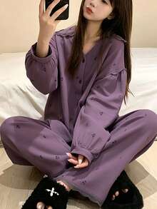 2pcs Women Sleepwear Set, Turndown Collar Cardigan Shirt, Floral Print Fashionable Minimalist 3/4 Pants, Suitable For Home & Leisure, All Seasons - Purple - View 7