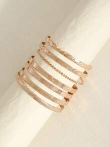 7pcs European And American Style Bracelet Set, Hammered, Arrow, Floral, Exaggerated Hexagram Design, Twist-Open Bracelets, Jewelry Gift - one-size - View 1