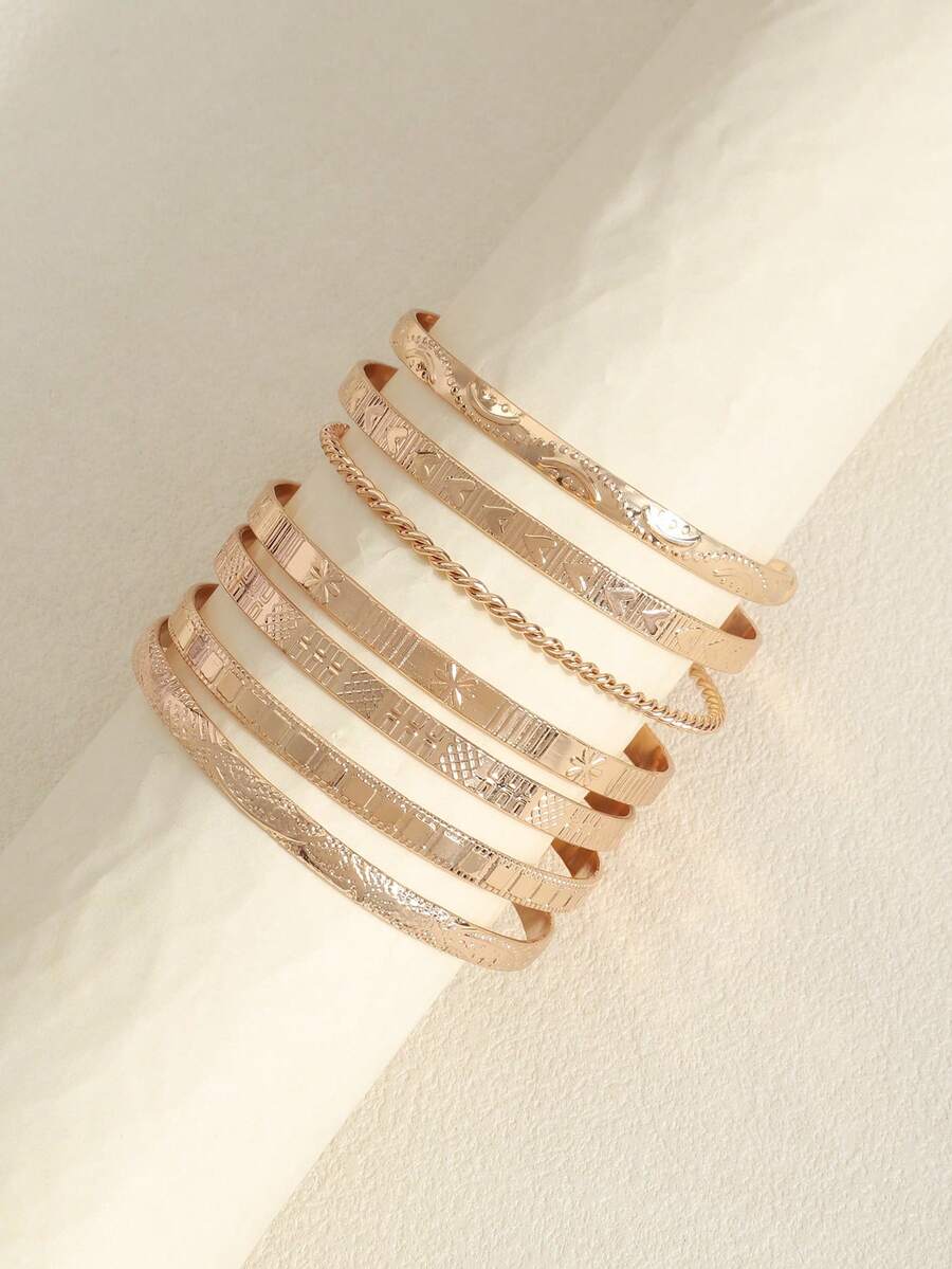 7pcs European And American Style Bracelet Set, Hammered, Arrow, Floral, Exaggerated Hexagram Design, Twist-Open Bracelets, Jewelry Gift - one-size - View 1