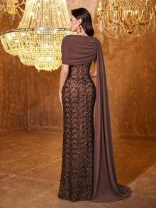 UNITHORSE Random Cut Round Neck Flared Waist Sequin Evening Gown Dress - Coffee Brown - View 2