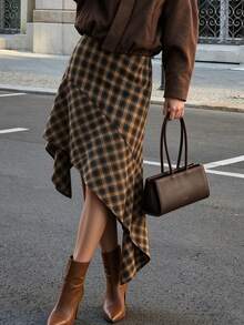 Aflion Elegant Women Autumn Vintage Plaid Asymmetrical Ruffle Midi Skirt Irregular Hem Flowy Skirt - Brown - View 3