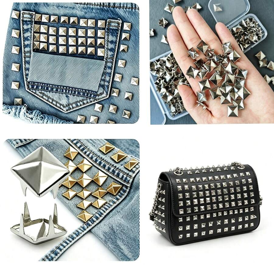 50/100/320pcs Square Pyramid Studs, 10mm 4-Prong Spike Studs, Punk Rock Studs, Suitable For Bags, Shoes, Leather Crafts - Silver - View 1