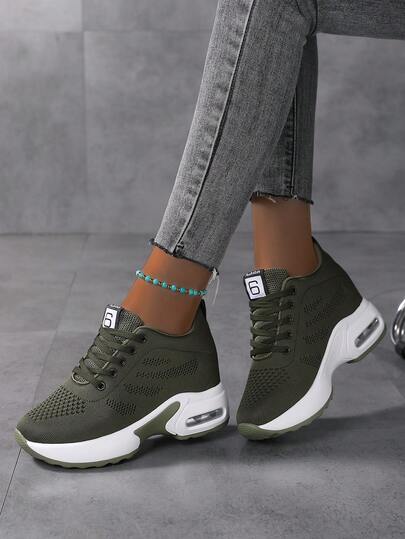 Wedge Heel Thick Sole Hidden Height Walking Shoes, Army Green Lace-Up Air Cushion Sole Fashion Versatile Sports Casual Women's Shoes