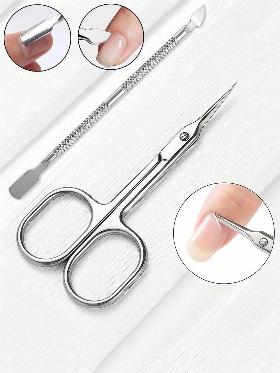 2/1pcs Stainless Steel Nail Art Tool Set, Russian Straight Pointed Cuticle Scissors & Dual-Ended Cuticle Pusher, Precise Dead Skin Removal Nail Care Tools, Portable Home And Travel Manicure Preparation Kit