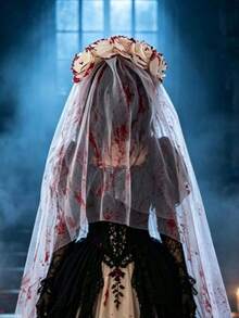 1pc Halloween Ghost Bride Bloody Rose Veil, Dark Style Floral Headpiece, Suitable For Halloween, Gothic Style, Holiday Party Ball, Photo Prop - Multicolor - View 2