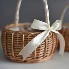 Handmade Woven Rattan Mini Handheld Flower Basket With Ribbon Bow, Exquisite Floral Arrangement Decorative Container, Outdoor Camping Picnic Fruit Storage Basket, Home Desktop Cabinet Sundries Organizer Storage Basket, Wedding Favor Photography Prop Versatile Woven Small Basket - Beige - View 14