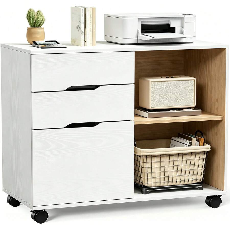Archivador de 3 cajones, Organizador Lateral de Madera con Ruedas, Soporte para Impresora y estantes Abiertos para Oficina en casa, organización Debajo del computadora, Color Blanco OEUI - Blanco - Ver 1