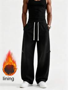 Men's Loose Fit Sports Pants, Wide Leg Casual Jogging Pants | High Waist Drawstring, 2 Deep Pockets, Open Hem, Loose Joggers, Streetwear Style - Black - View 8
