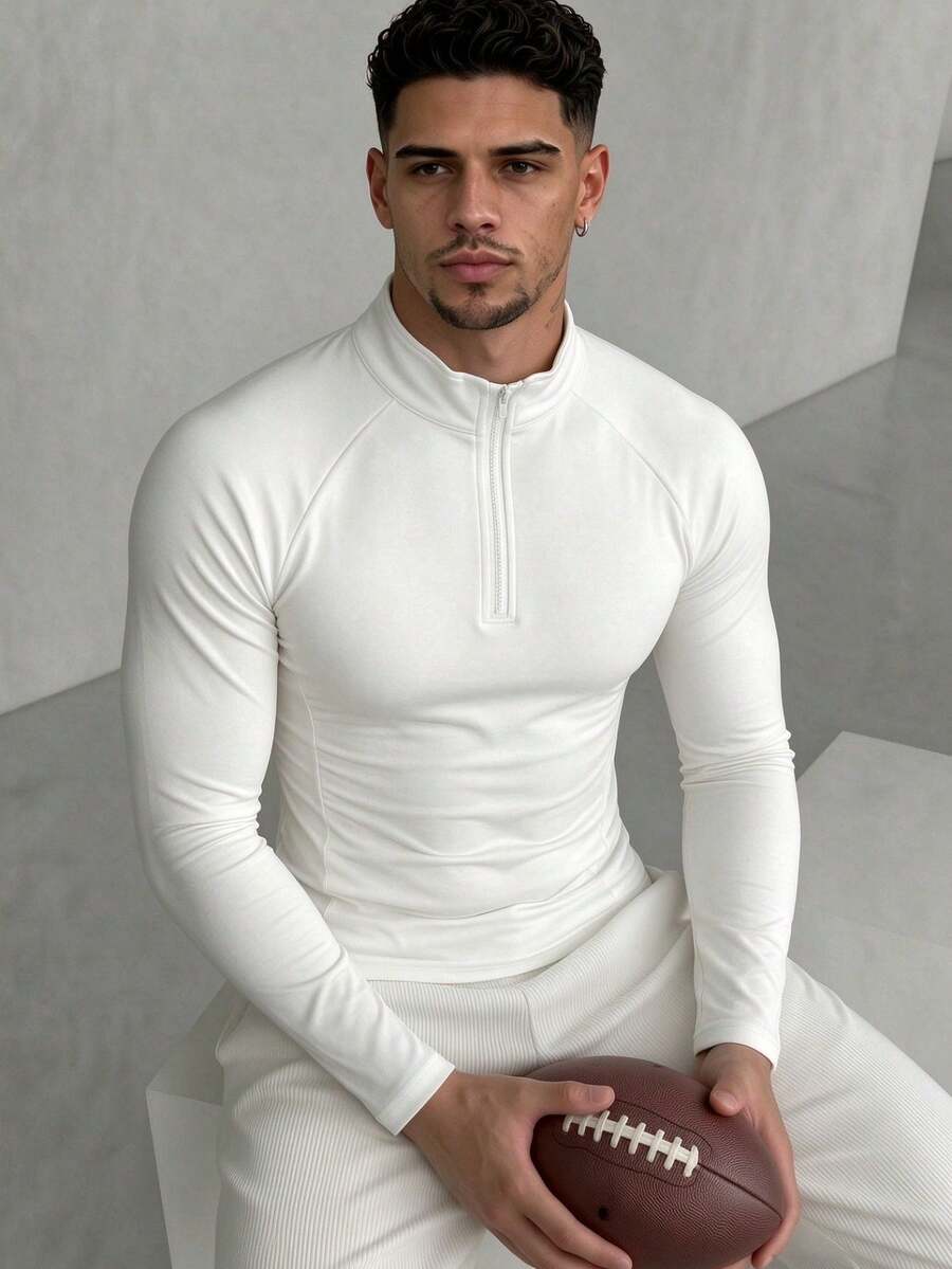 ZYNTH BALENO Men's Fashion Slim Fit Raglan Sleeve Zip-Up Collar Long Sleeve T-Shirt, Suitable For Gym, Running, Hiking - White - View 1