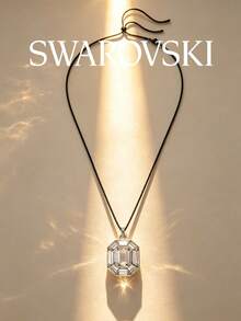 Kalung Swarovski Lucent Octagonal Cut Black Cord untuk Wanita, Liontin Kristal Transparan Persegi Panjang Besar, Tali Panjang yang Dapat Diatur, Perhiasan Mewah - Perak - View 3