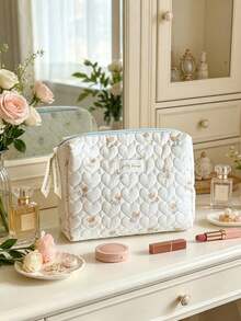 1Pc/Pcs Cute Quilted Blue Bear Cosmetic Bag, Soft Fabric Heart Pattern Makeup Organizer, Travel Toiletry Pouch With Zipper, Multi Sizes Storage Bags - Baby Blue - View 8