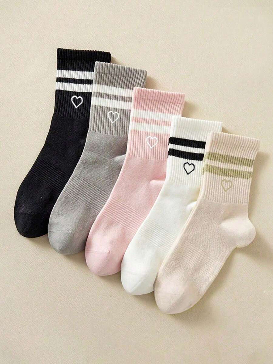 6/10/20/30pcs Women's Fashionable Personalized Mid-Calf Socks - Solid Color, Striped And Heart Pattern Design, Soft Comfortable, Breathable Casual, Suitable For Daily Wear. 1/5 Pairs - Multicolor Lines Love Heart - View 1