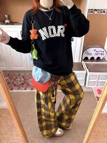 American Minimalist Fun Polka Dot Letter NOR Red Heart Print Black Crew Neck Sweatshirt Relaxed Fit Dropped Shoulder Long Sleeve Autumn - Black - View 5
