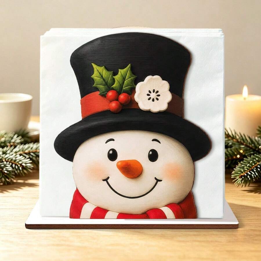 1pc Cute Snowman Wooden Napkin Holder, Christmas Farmhouse Tabletop Tissue Box, Kitchen Dining Table Desktop Napkin Storage Rack, Christmas Winter Decor Tissue Holder - Multicolor - View 1