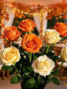 14pcs Multicolor Autumn Artificial Roses, Champagne & Orange Long Stem Roses, Realistic Artificial Rose Bouquet, Thanksgiving Christmas DIY Wedding Home Party Office Decoration - Multicolor - View 3