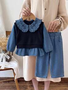 Baby Girl Embroidered Knit Collar 2 In 1 Top And Casual Denim Pants - Navy Blue - View 2