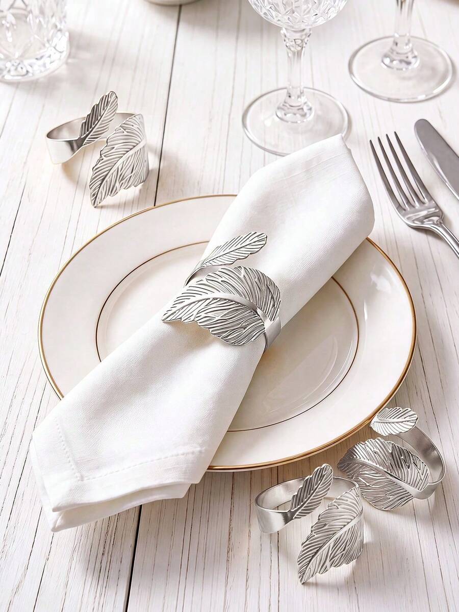 2-24pcs Leaf-Shaped Gold Napkin Rings, Shiny Metal Napkin Holders Table Decor, Fashion Autumn Napkin Rings Bulk Pack, Suitable For Christmas, Easter, Wedding, Party, Elegant Table Setting Gift Idea - Silver - View 1