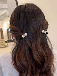 2pcs Autumn/Winter Pearl Rhinestone Velvet Hair Clips, Korean Style Versatile Bangs Clips, Minimalist Fashion Luxury Hair Accessories, Suitable For Girls Daily And Holiday Wear - Black - View 2