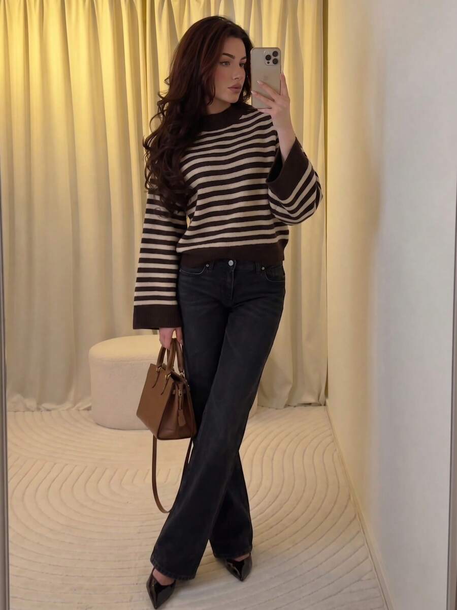 MORI Fall Winter Women Sweaters Elegant Casual Y2K Brown Striped Mock Neck Wide Bell Sleeve Drop Shoulder Oversized Loose Knit Pullover Top - Brown - View 1