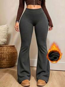 Women's High Waist Thermal Lined Soft Casual Pants, Winter Thermal Lined Warm Flared Pants, High Elasticity Slim Fit Butt Lifting Slimming Wide Leg Pants, Autumn/Winter Home Casual Long Pants, Outdoor Walking Fitness Sports Commute Versatile Warm Pants, Women's Winter Clothing, Thickened Pants, Women's Warm Pants, Women's Long Pants - Grey - View 5