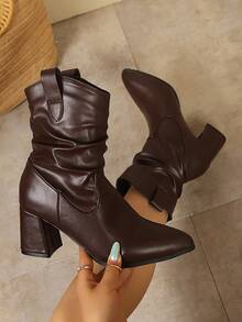 British Style V-Neck Ruched Ankle Boots Women Brown Soft Leather Pointed Toe Chunky Heel Western Boots Commute Leg-Lengthening High Heel Slouch Boots - Brown - View 2