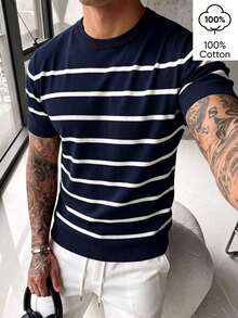 WAIT HIM 100% Cotton Men's Casual Colorblock Striped Knit Top - Blue and White - View 3