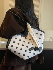 大容量托特包，適合書籍與雜物，復古法式風格，雙細肩帶可肩背，適合學生、日常通勤、購物與旅行，波點腋下大包，溫柔氛圍手提包，極簡百搭單肩包，復古女孩旅行包 - 白色 - 查看 4