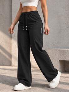 Women's Straight Leg Drawstring Pants With Zipper Pocket And Elastic Waist, Casual Athletic Pants For Daily Wear - Black - View 2