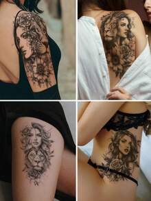 6PCS Black Creative Portrait Snake Lion Floral Pattern Party Gift DIY Holiday Gift Music Festival Temporary Waterproof Tattoo Stickers For Arm Shoulder Back Waist Abdomen Leg - Black - View 2
