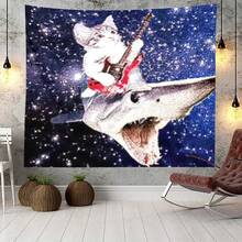 Funny Space Cat Shark Tapestry, Polyester Wall Hanging, Cute Cat Riding Giant Shark Playing Red Electric Guitar, Deep Blue Starry Galaxy Outer Space Background, Single-Sided Printed Wall Decor For Bedroom Dorm Living Room, Novelty Humorous Home Decor Gift For Teens - Multicolor - View 3