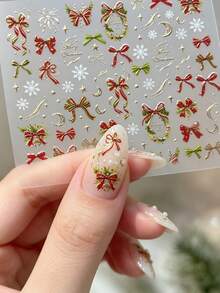 1 Sheet Christmas Nail Stickers, Gold Foil Bow & Snowflake Design, Self-Adhesive Nail Art Decorations For Winter - Multicolor - View 3